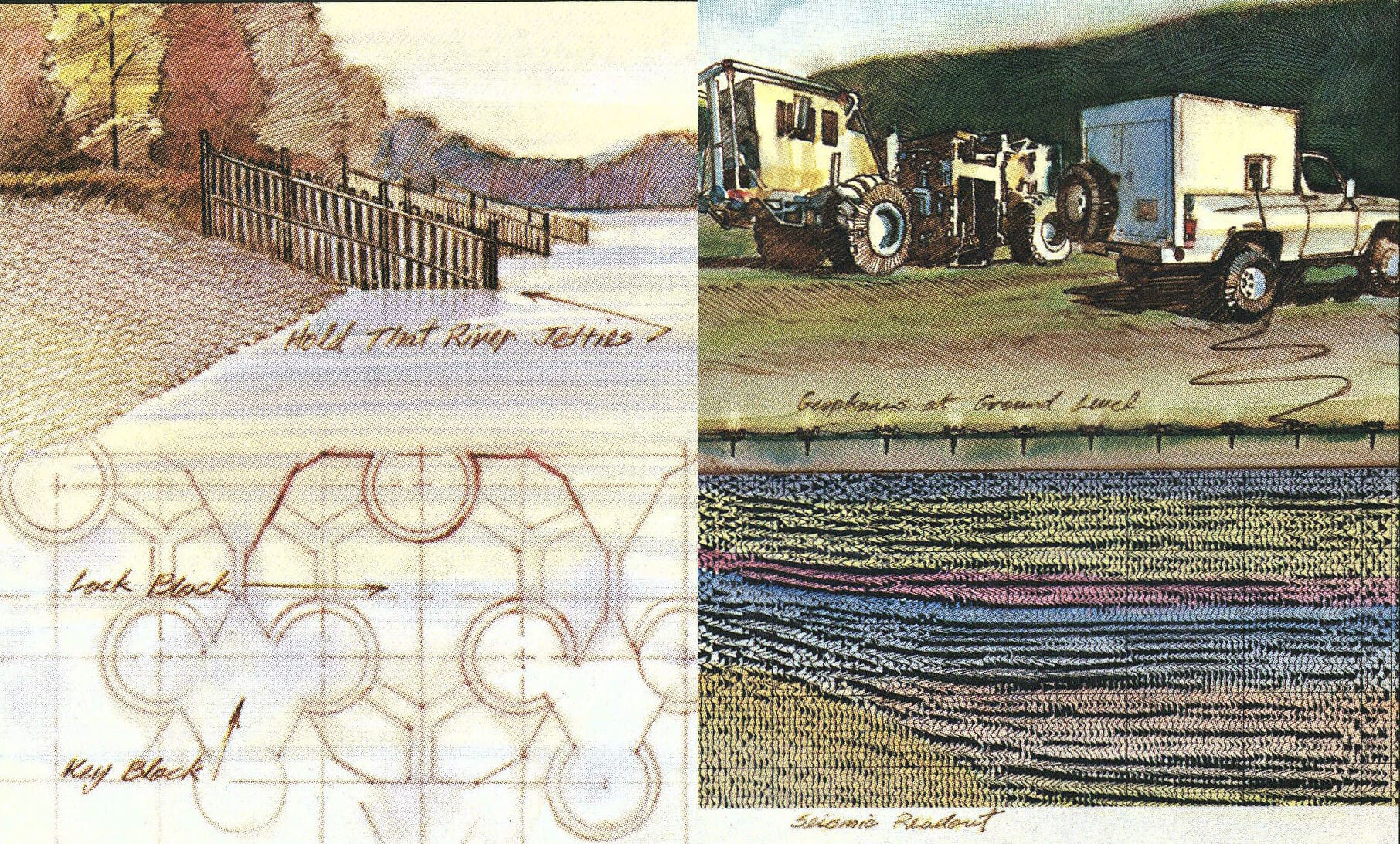 Annual Report illustrations depicting Hold That River erosion control barriers and the Tri-Lock bank stabilization method (left) and vehicles used by Gulf Interstate Geophysical.