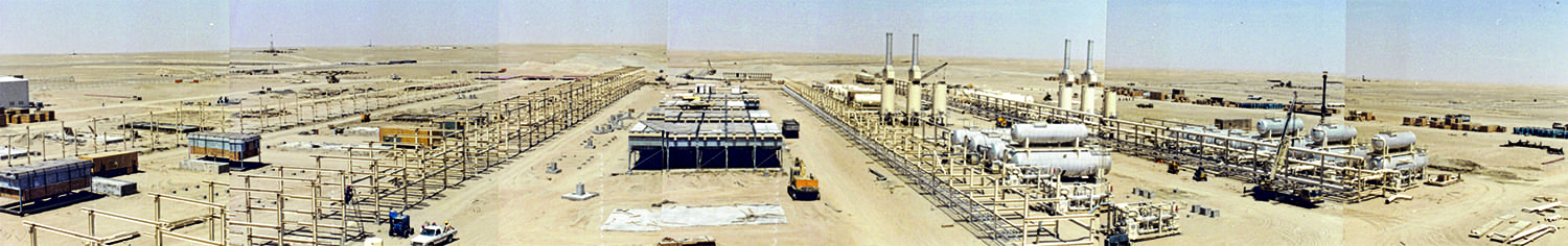 Panoramic view of the Central Production Facility for the Export Facilities Project during the early stage of construction in the Marib desert of Yemen.