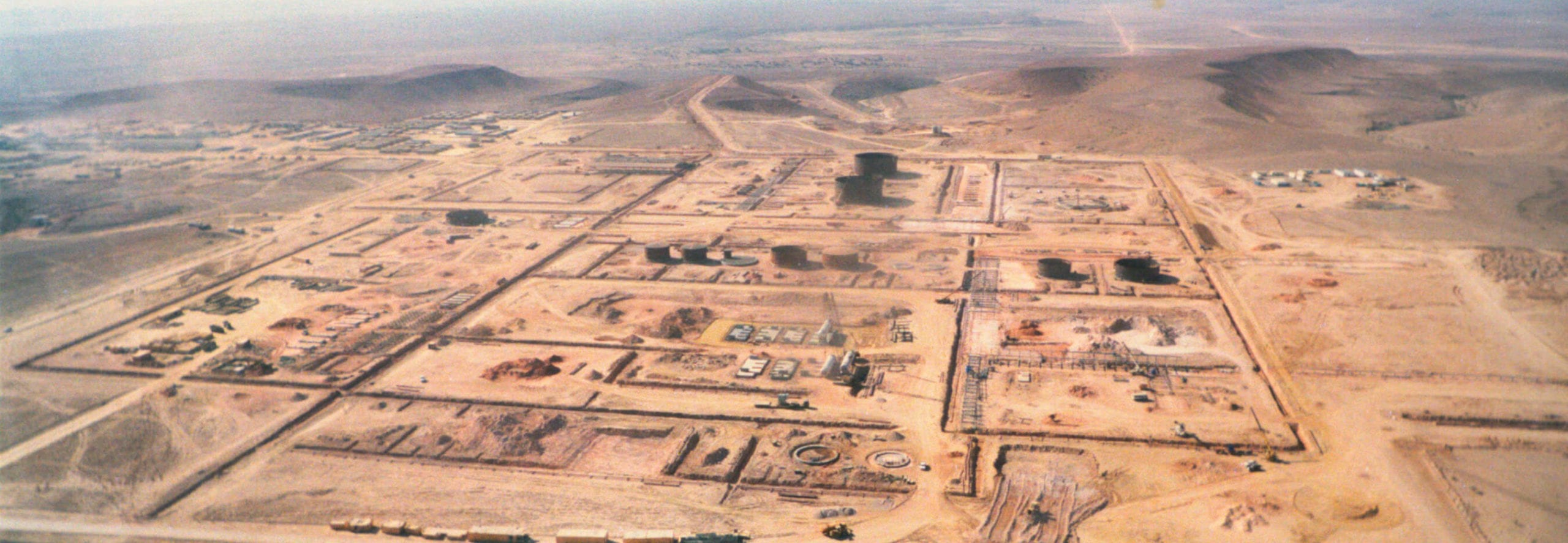 Aerial view of the Central Production Facility during the early stages of construction.