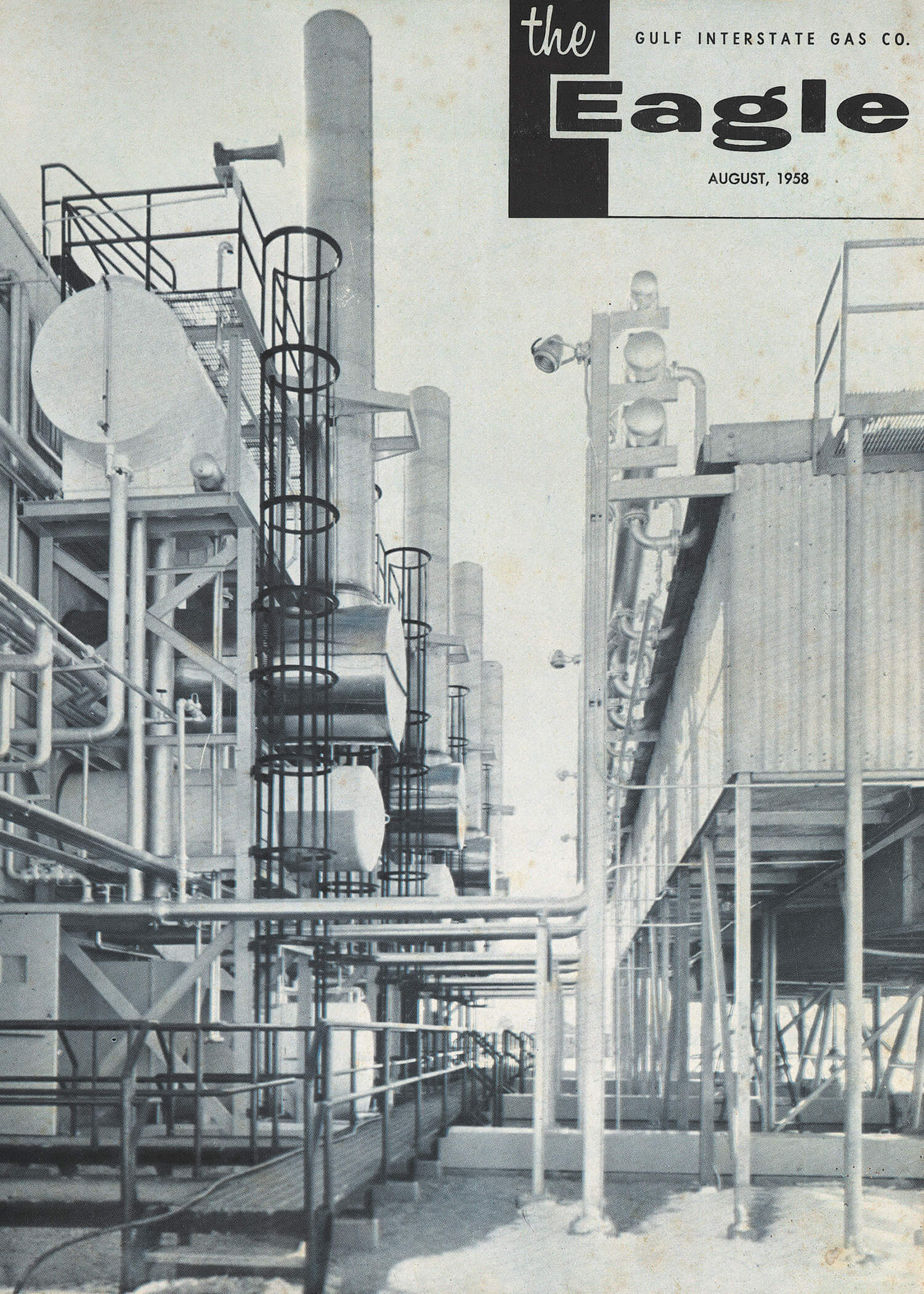 Cover of The Eagle, Gulf Interstate Gas Company’s in-house magazine, showing a portion of a compressor station of the Gulf Interstate Gas Pipeline system.